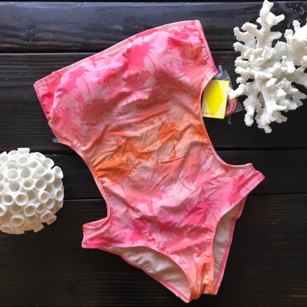 Kirra-PacSun Pink Orange Strapless One Piece Swim